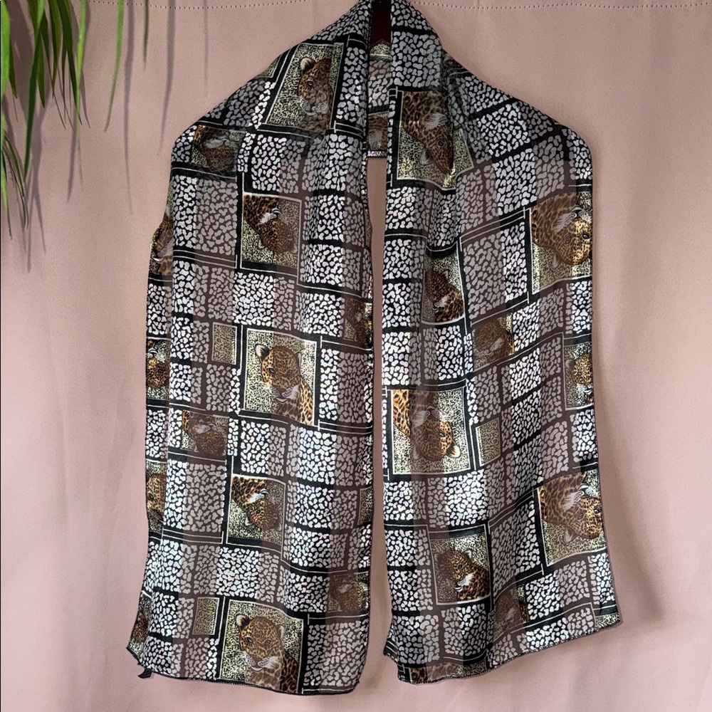 60” Long Leopard Print Sheer Scarf - Brown & Black MADE IN KOREA